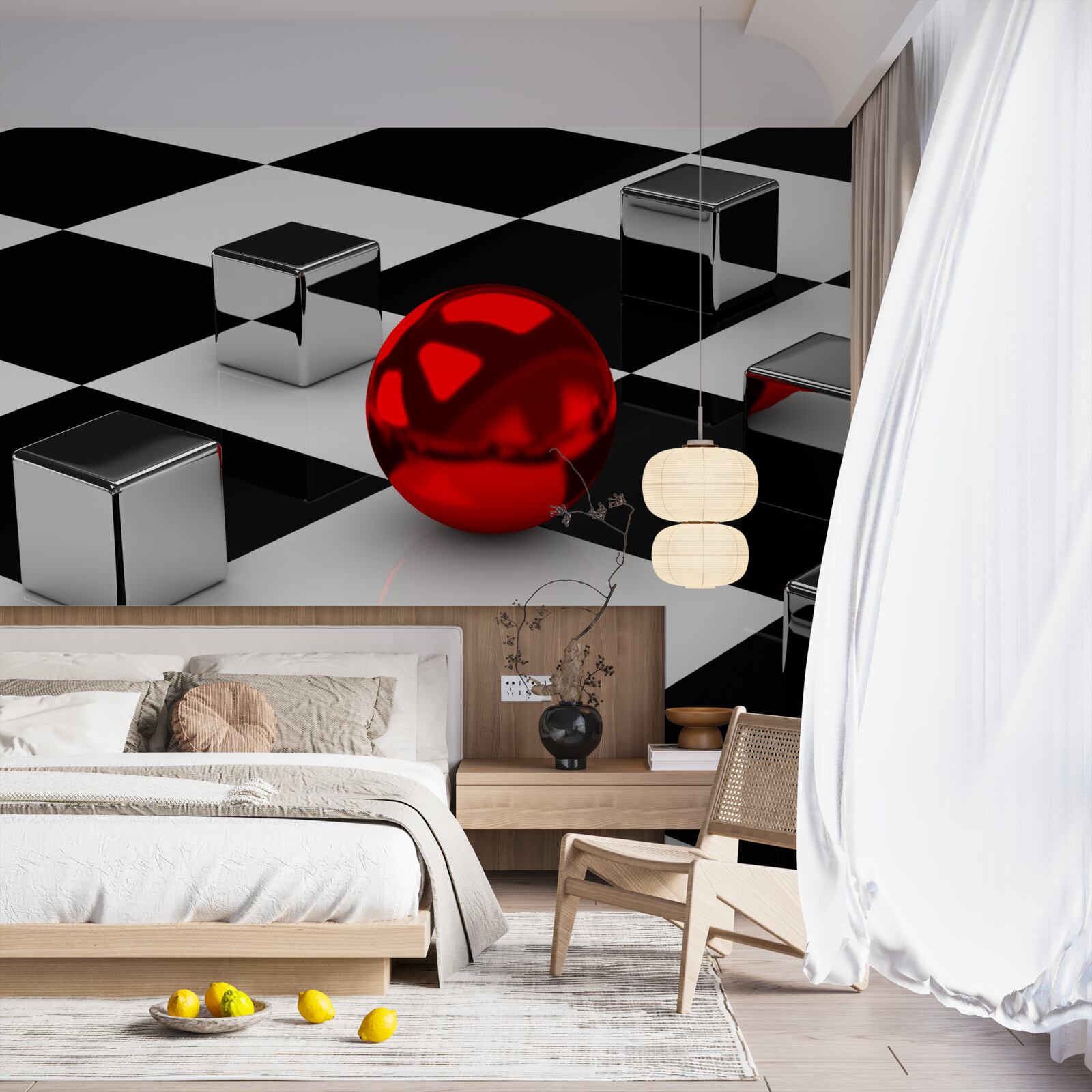 Fotobehang spiegel rechthoeken en rode bal