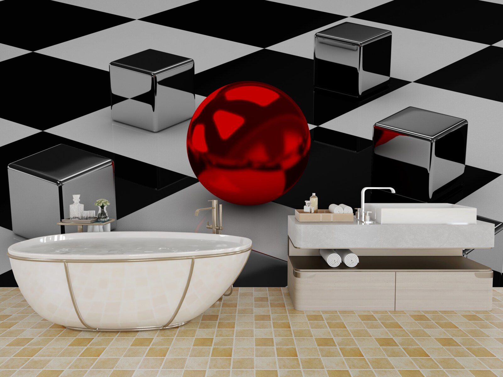 Fotobehang spiegel rechthoeken en rode bal