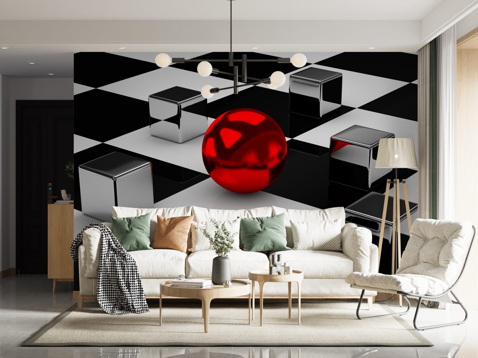 Fotobehang spiegel rechthoeken en rode bal