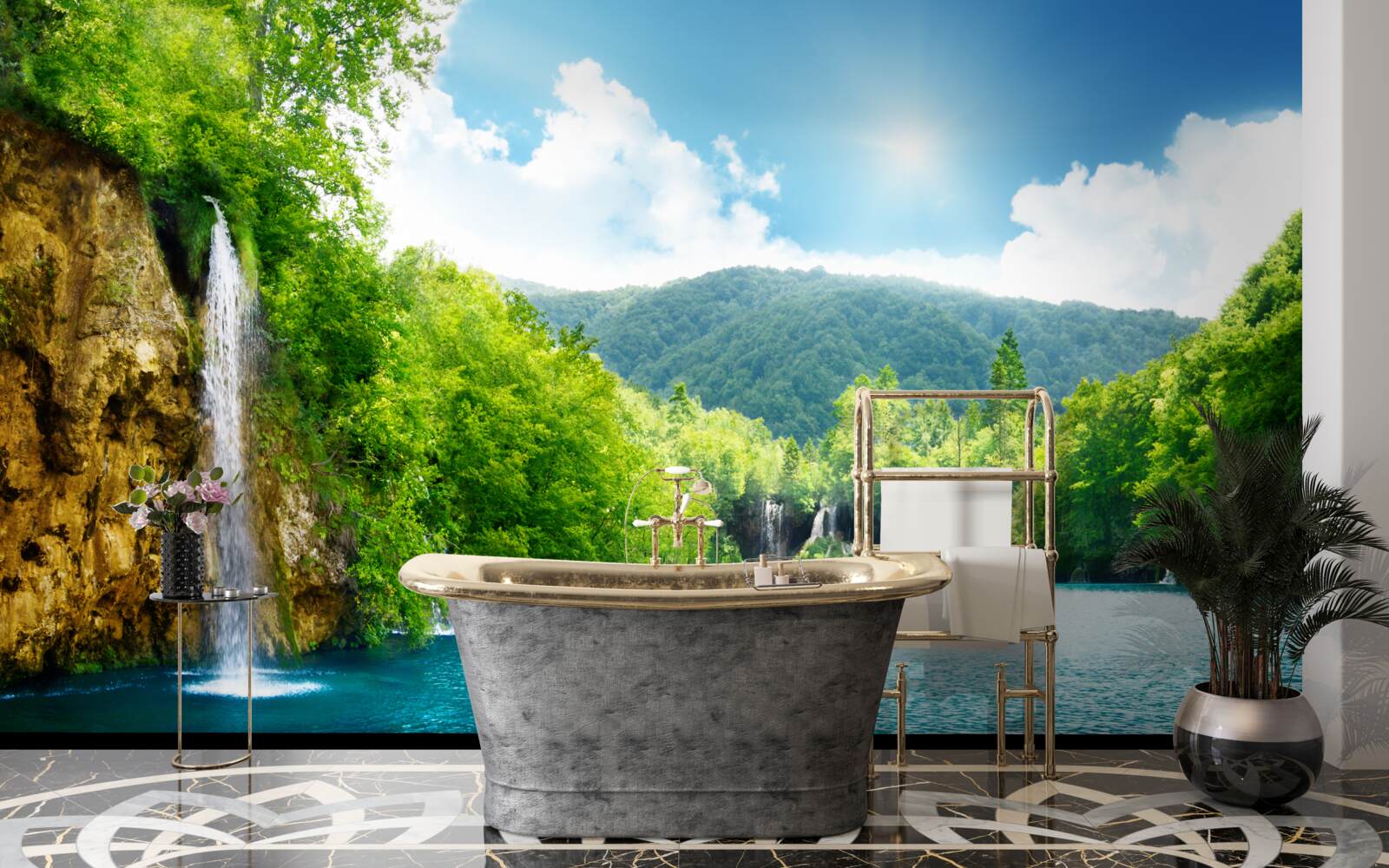 Fotobehang waterval in het hart van een dicht bergbos