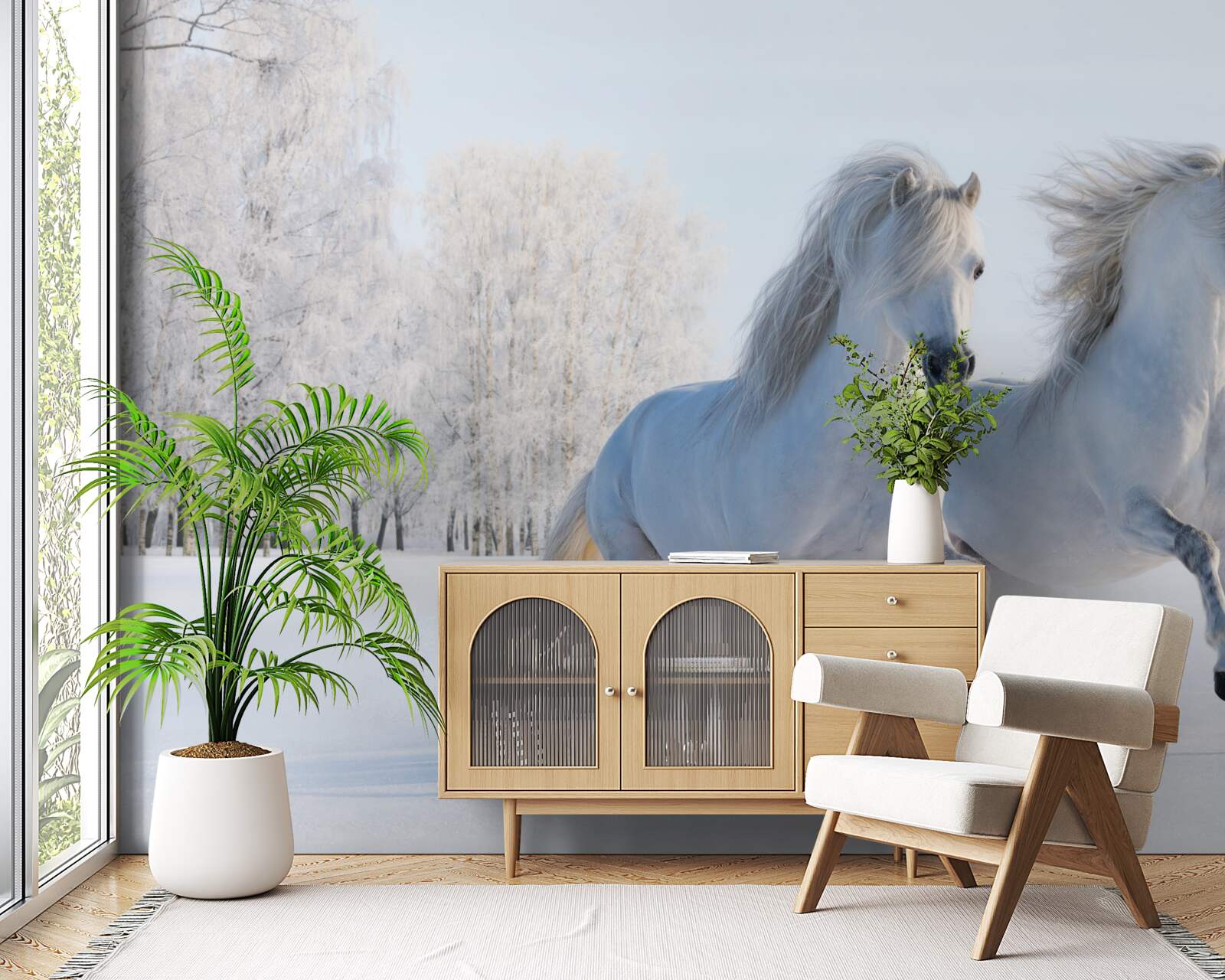 Fotobehang twee paarden galopperen door de sneeuw