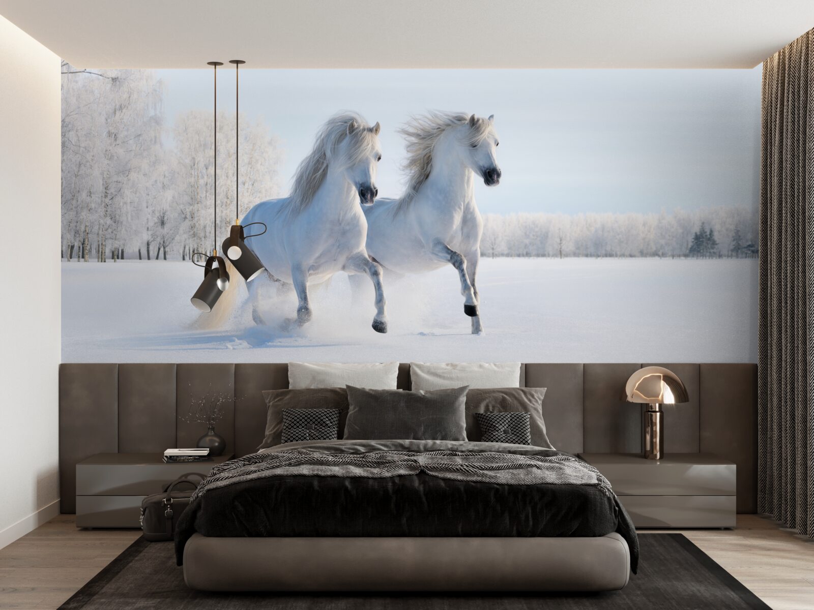 Fotobehang twee paarden galopperen door de sneeuw