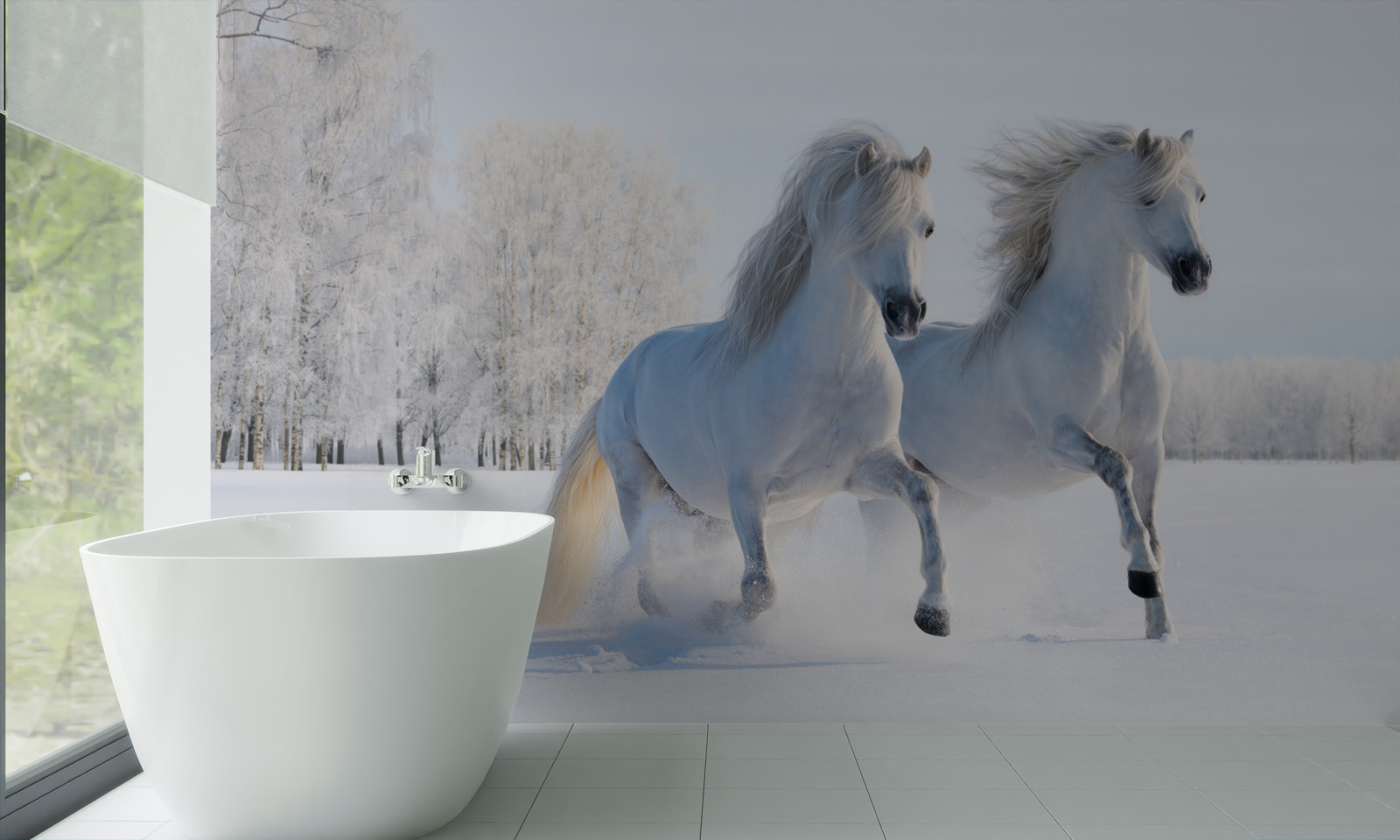 Fotobehang twee paarden galopperen door de sneeuw