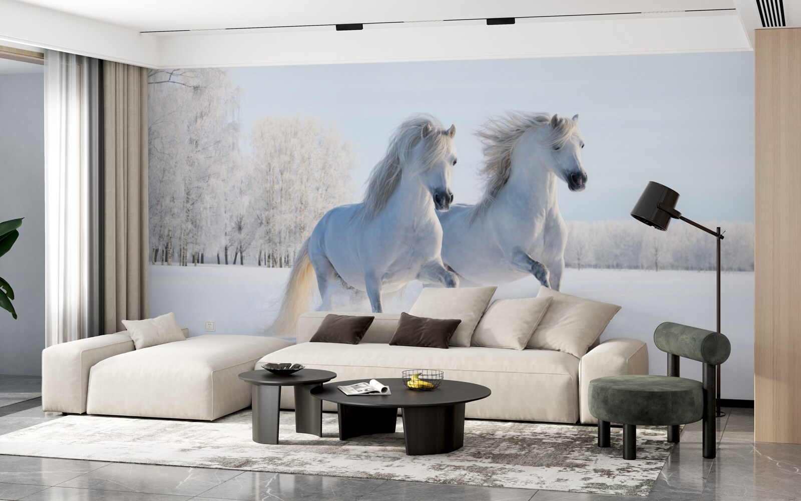 Fotobehang twee paarden galopperen door de sneeuw