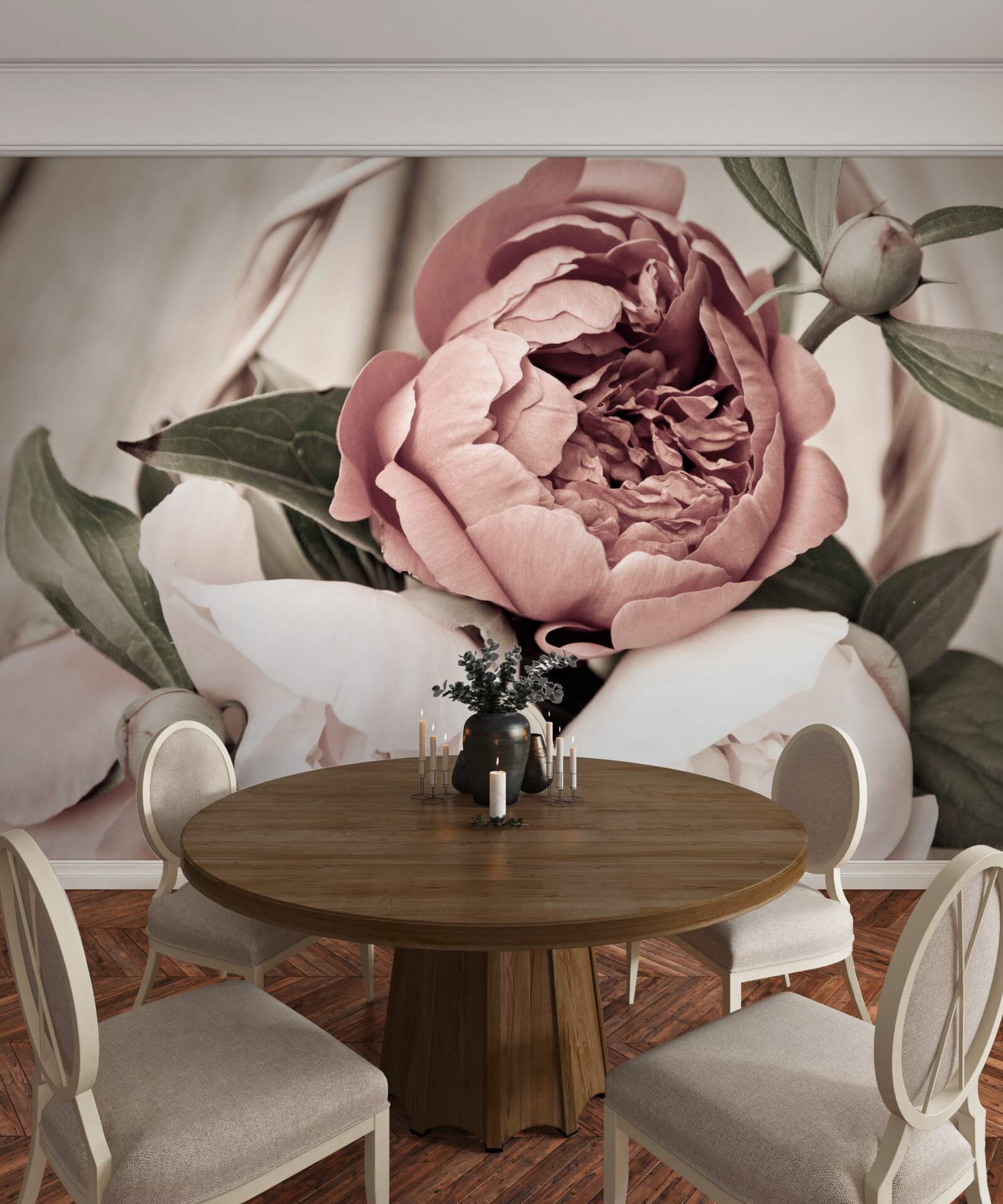 Fotobehang tere roos met weelderige pioenachtige bloemblaadjes