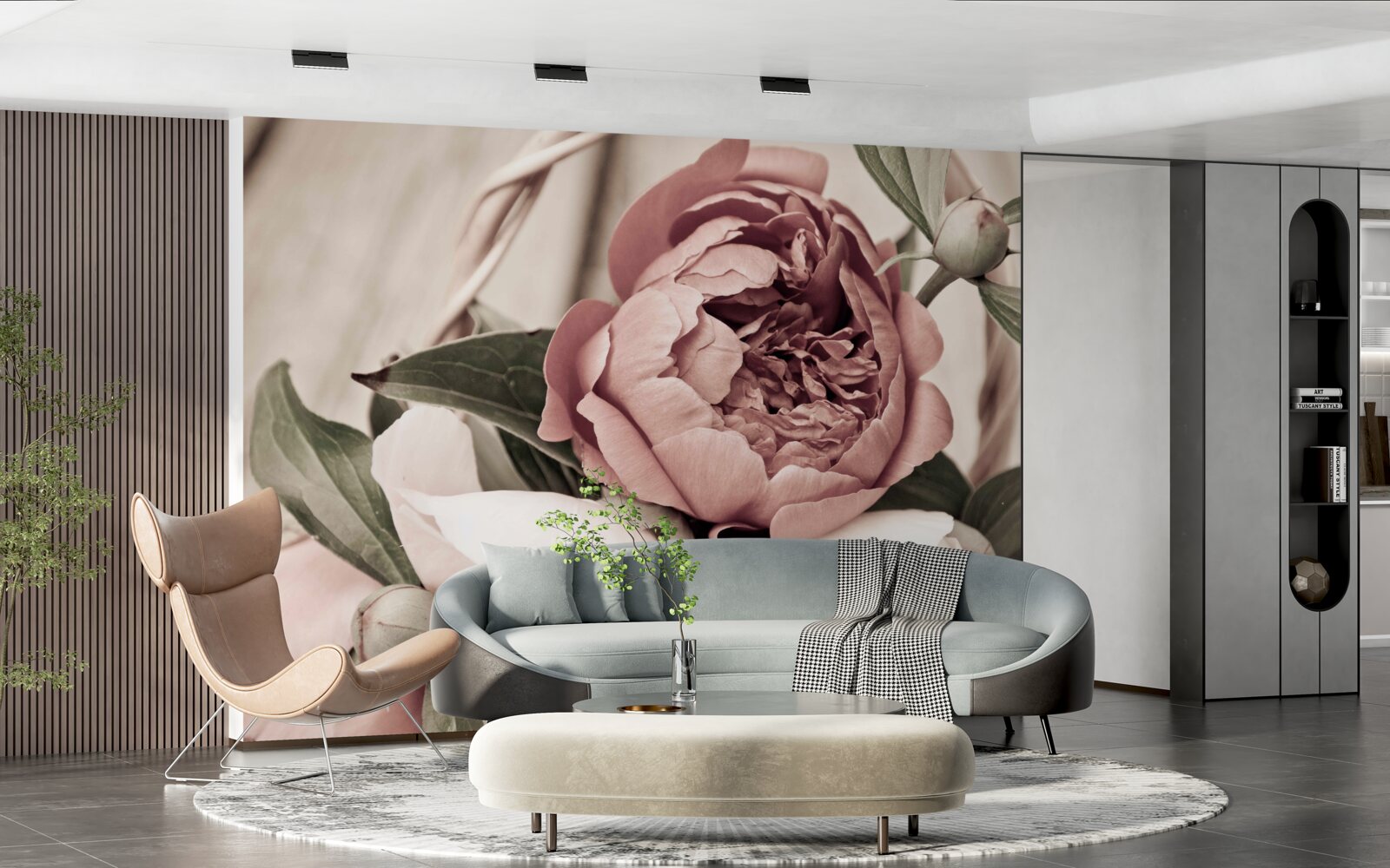 Fotobehang tere roos met weelderige pioenachtige bloemblaadjes