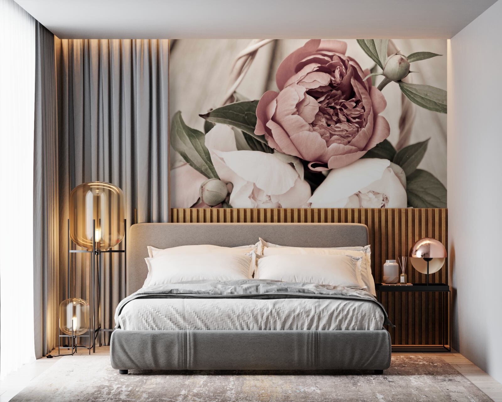 Fotobehang tere roos met weelderige pioenachtige bloemblaadjes