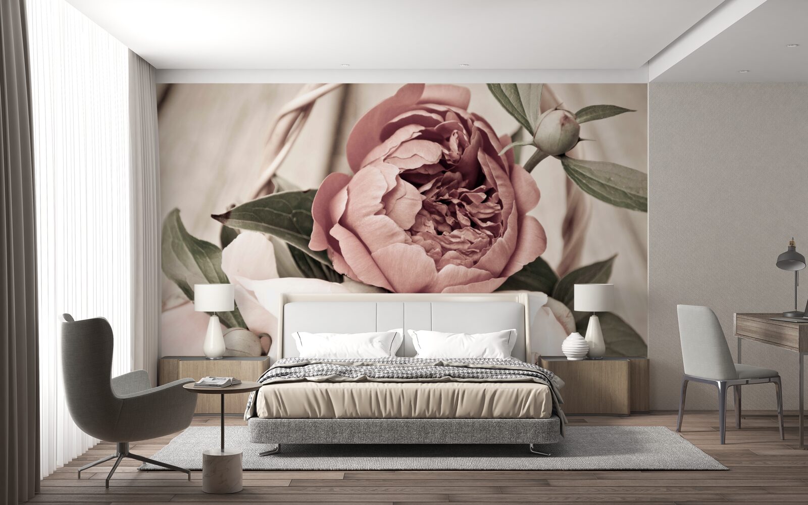 Fotobehang tere roos met weelderige pioenachtige bloemblaadjes