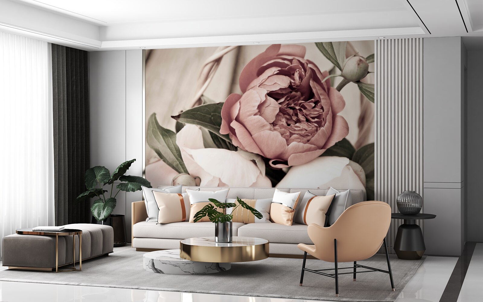 Fotobehang tere roos met weelderige pioenachtige bloemblaadjes