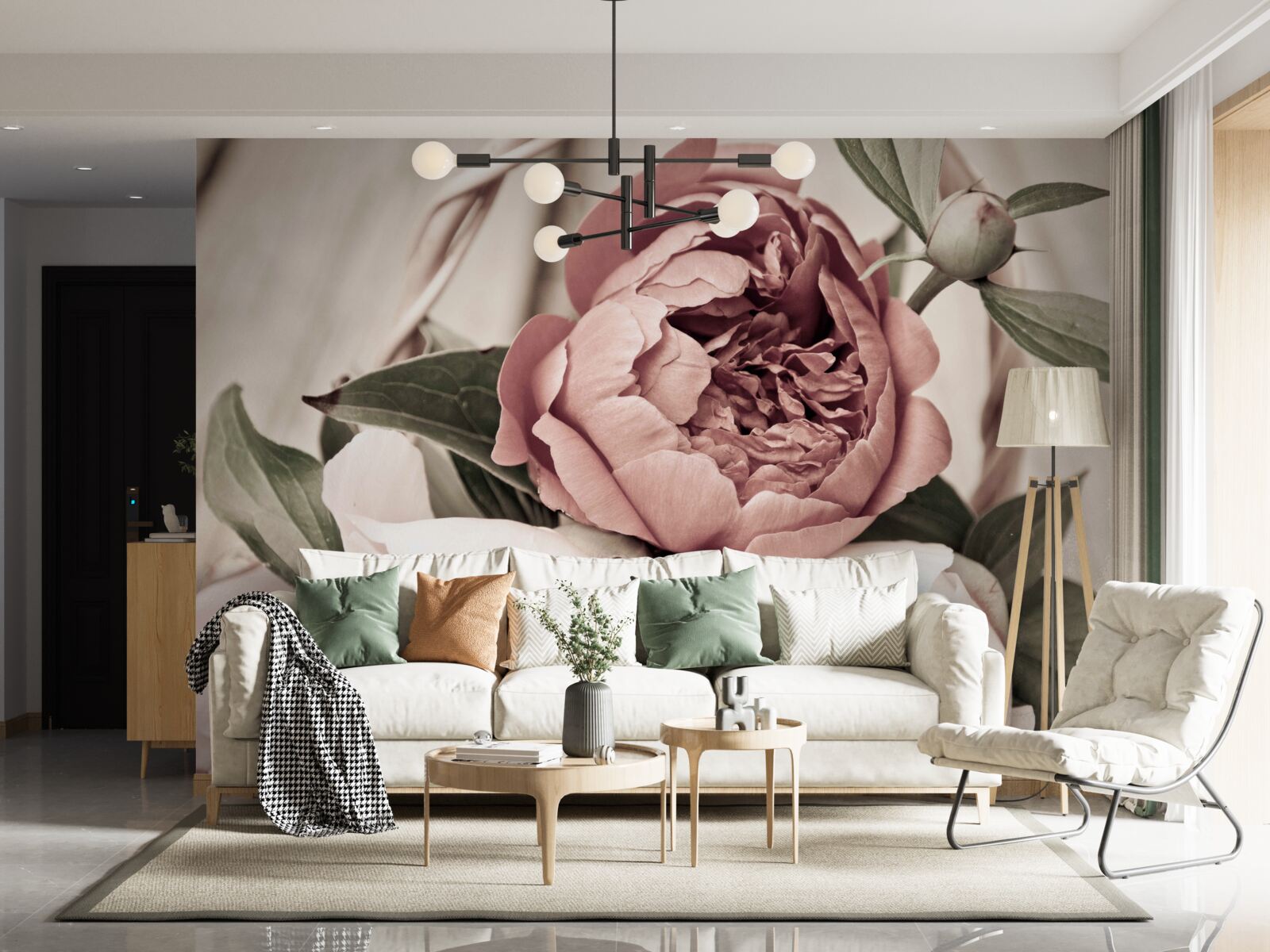 Fotobehang tere roos met weelderige pioenachtige bloemblaadjes