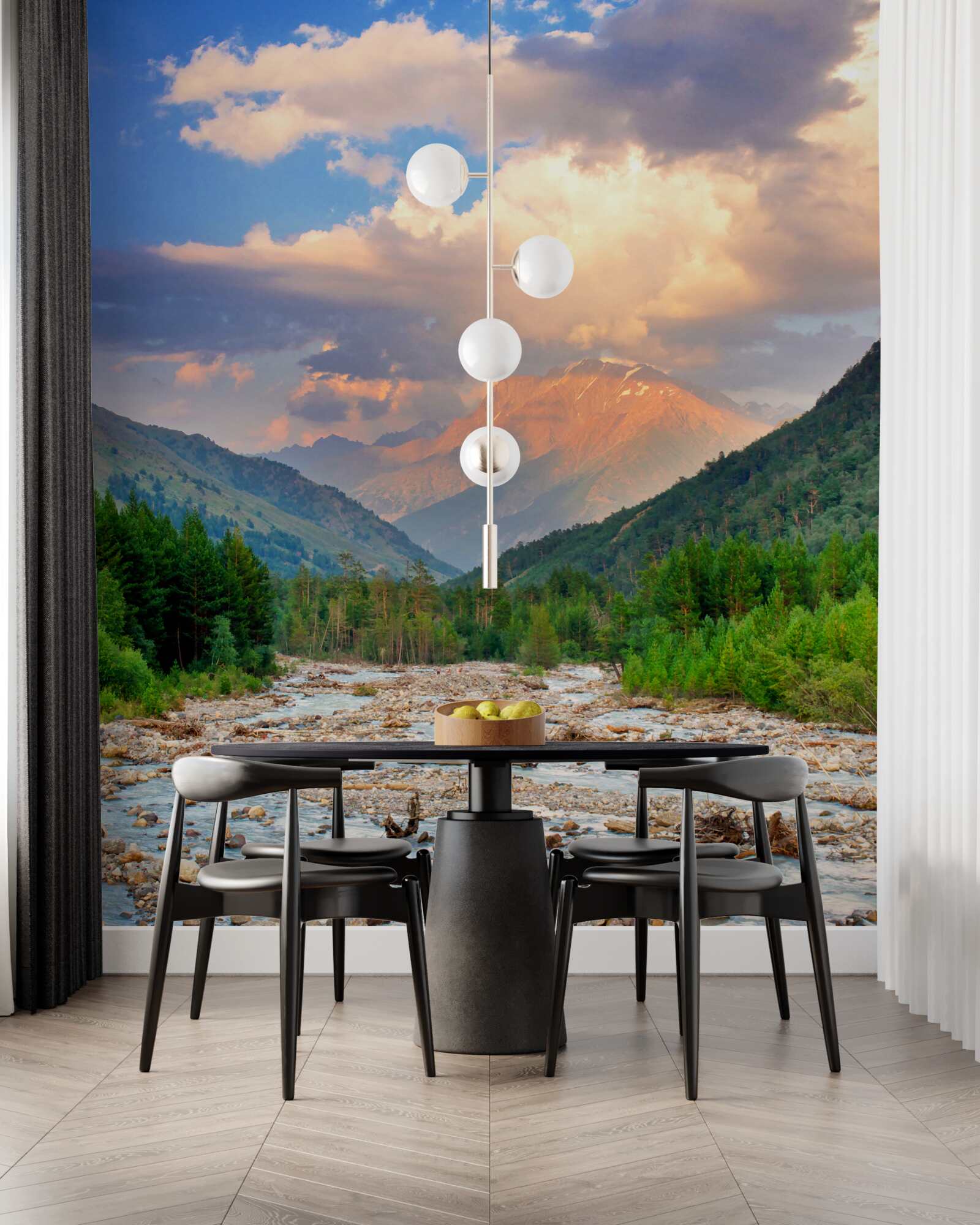 Fotobehang bergrivier in de avondzon