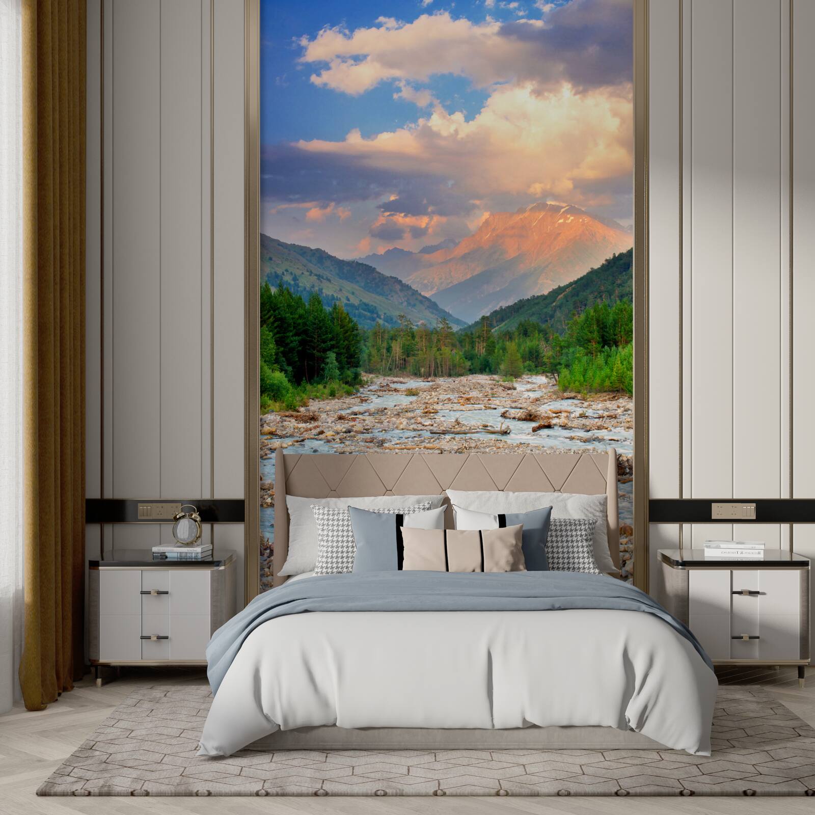 Fotobehang bergrivier in de avondzon