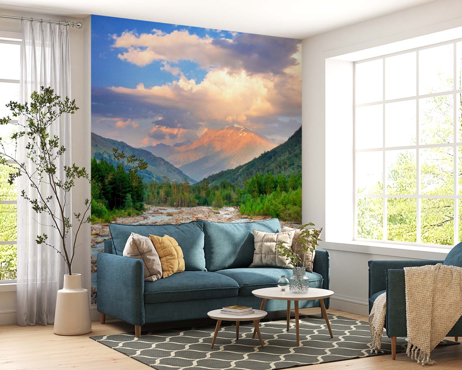 Fotobehang bergrivier in de avondzon