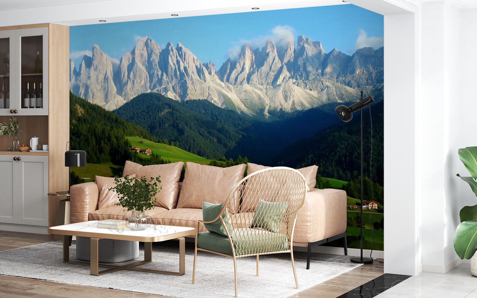 Fotobehang dorp in een vallei aan de voet van de bergen