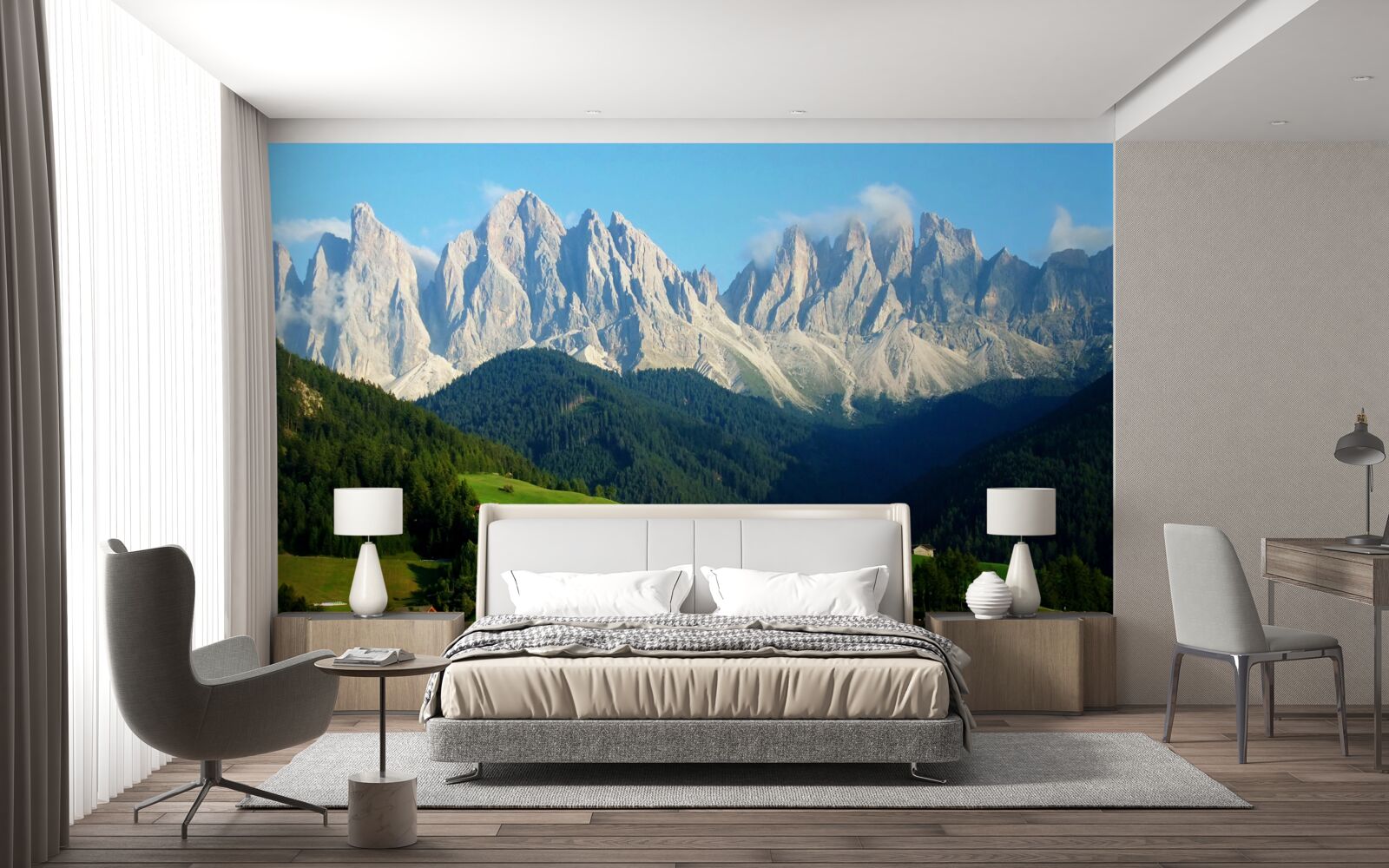 Fotobehang dorp in een vallei aan de voet van de bergen