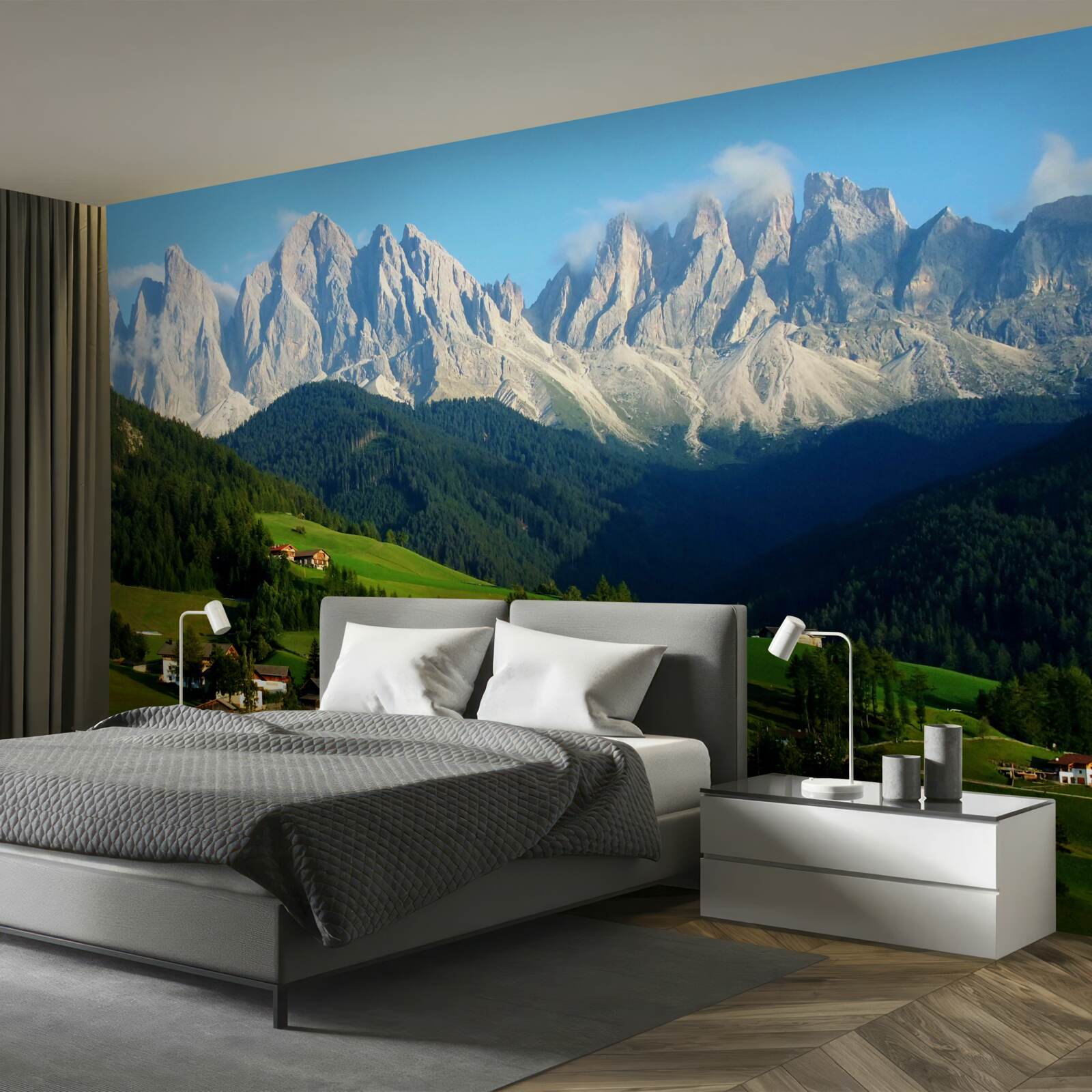 Fotobehang dorp in een vallei aan de voet van de bergen