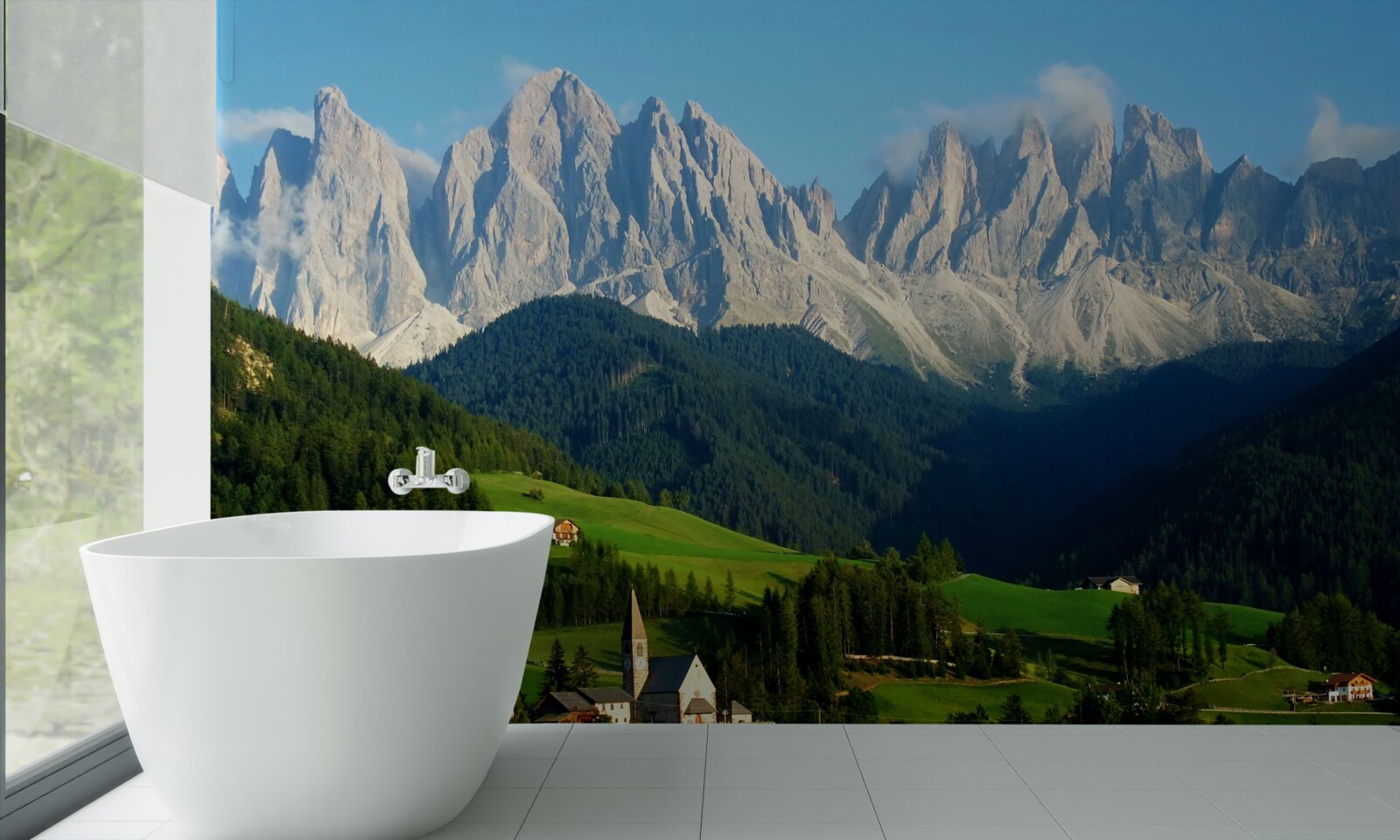 Fotobehang dorp in een vallei aan de voet van de bergen