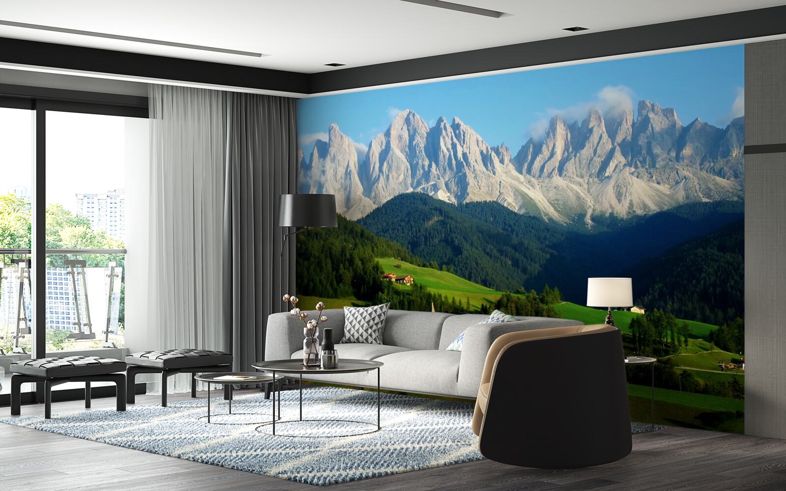 Fotobehang dorp in een vallei aan de voet van de bergen