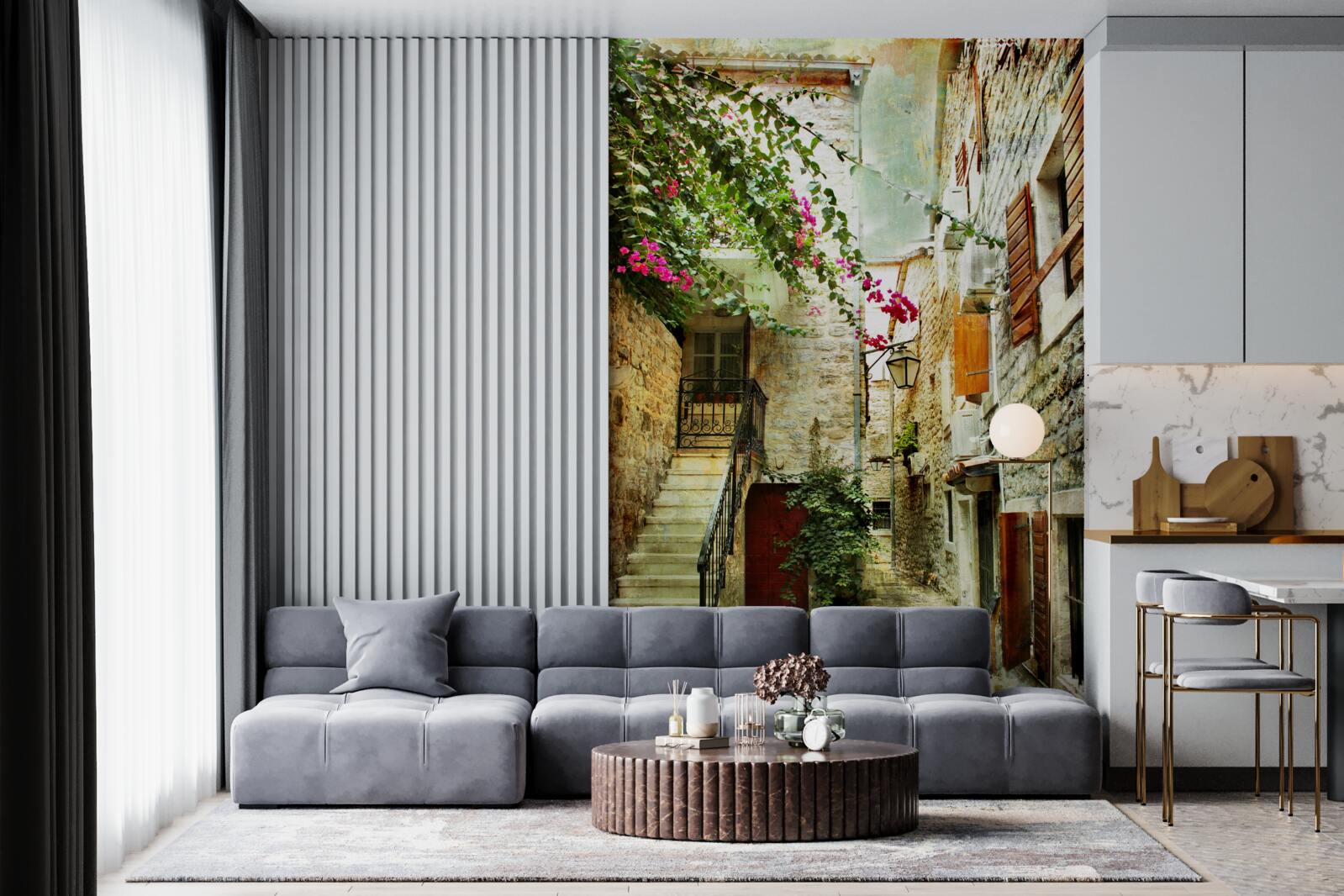 Fotobehang aquarel van een oude straat