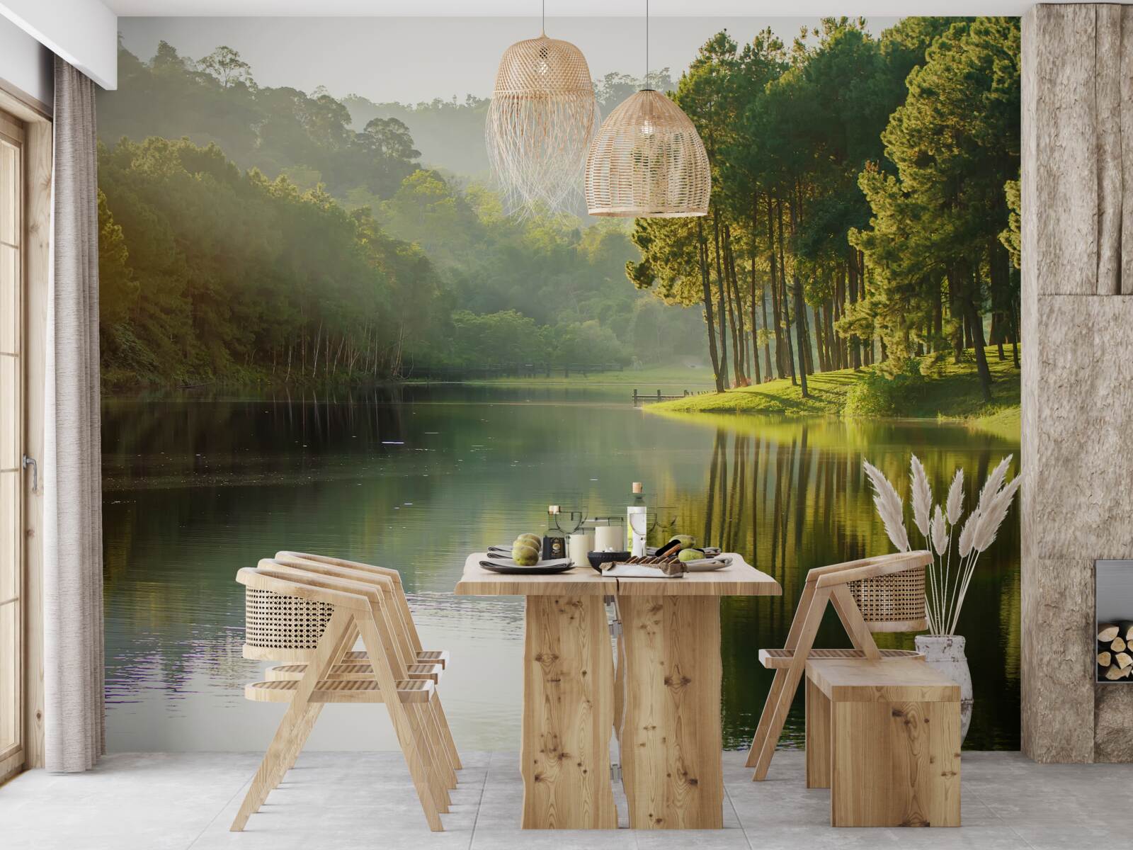 Fotobehang ochtendmist verspreidt zich door het bos