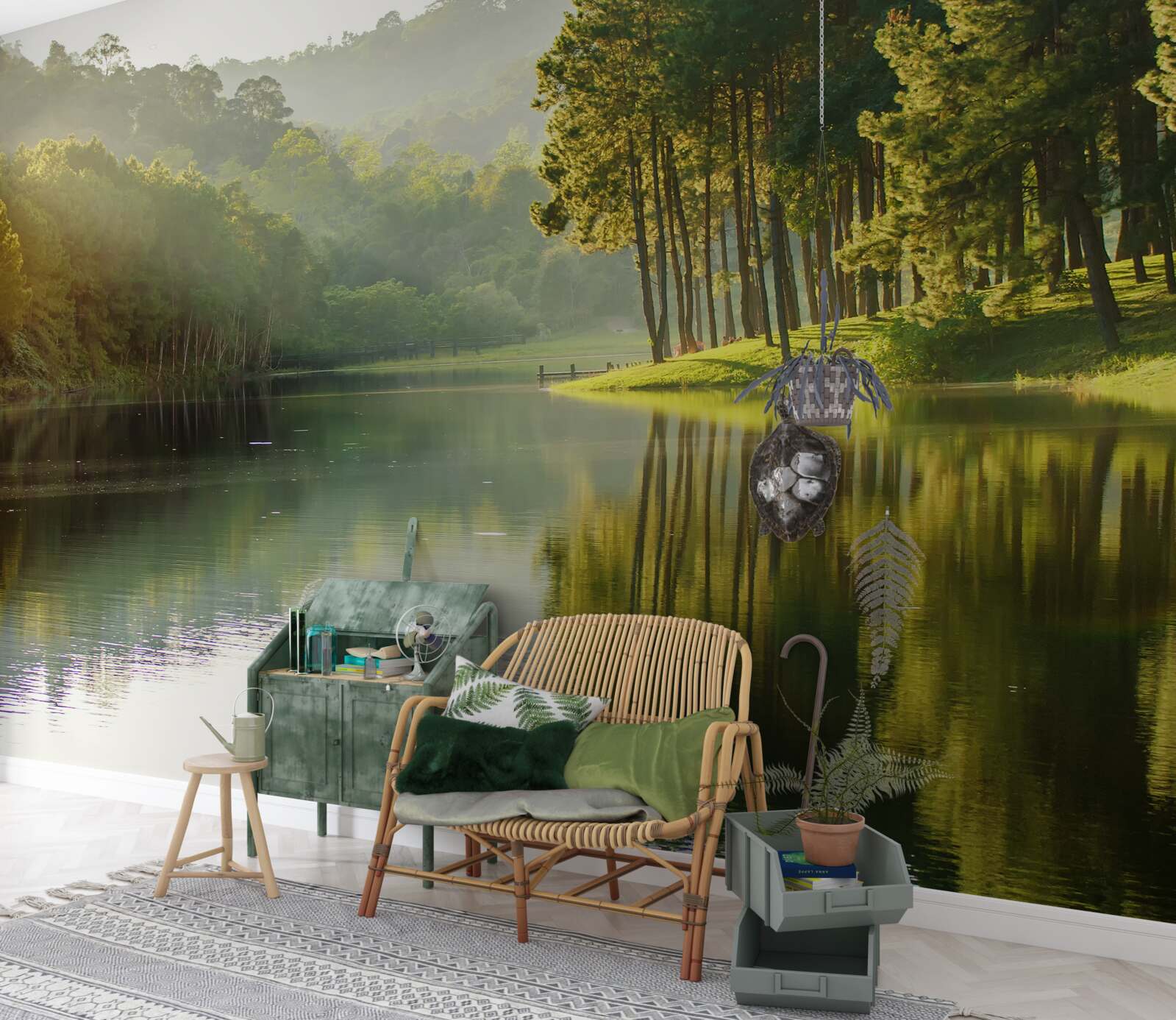 Fotobehang ochtendmist verspreidt zich door het bos