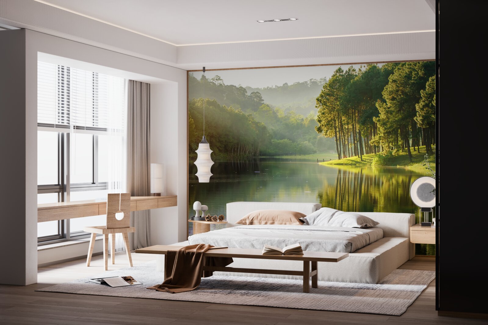 Fotobehang ochtendmist verspreidt zich door het bos