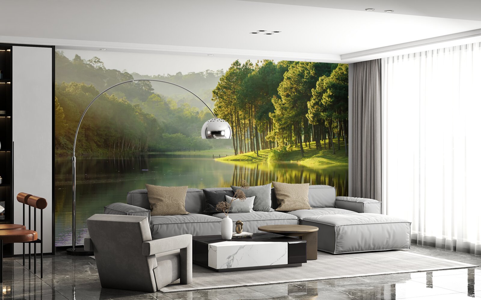 Fotobehang ochtendmist verspreidt zich door het bos