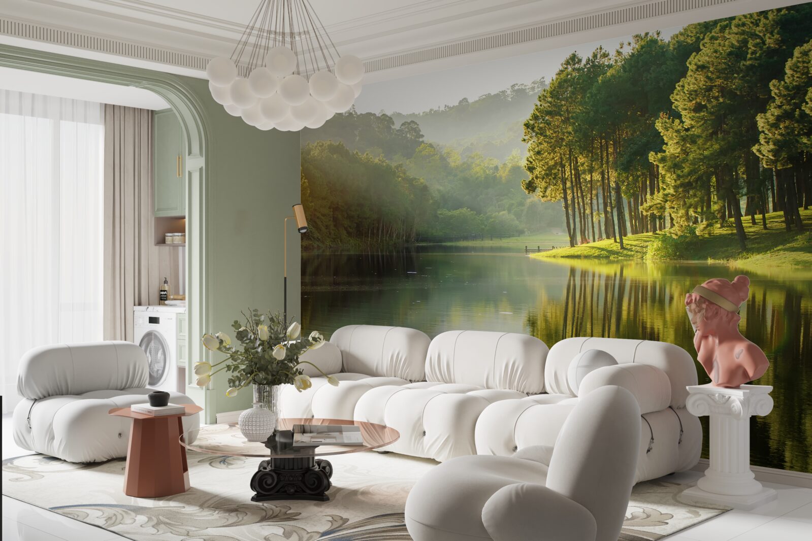 Fotobehang ochtendmist verspreidt zich door het bos