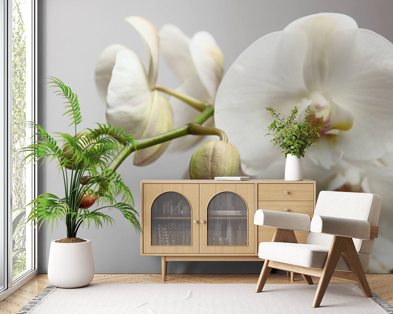Fotobehang witte orchideeëntak met bloeiende bloemen en onontwikkelde knoppen