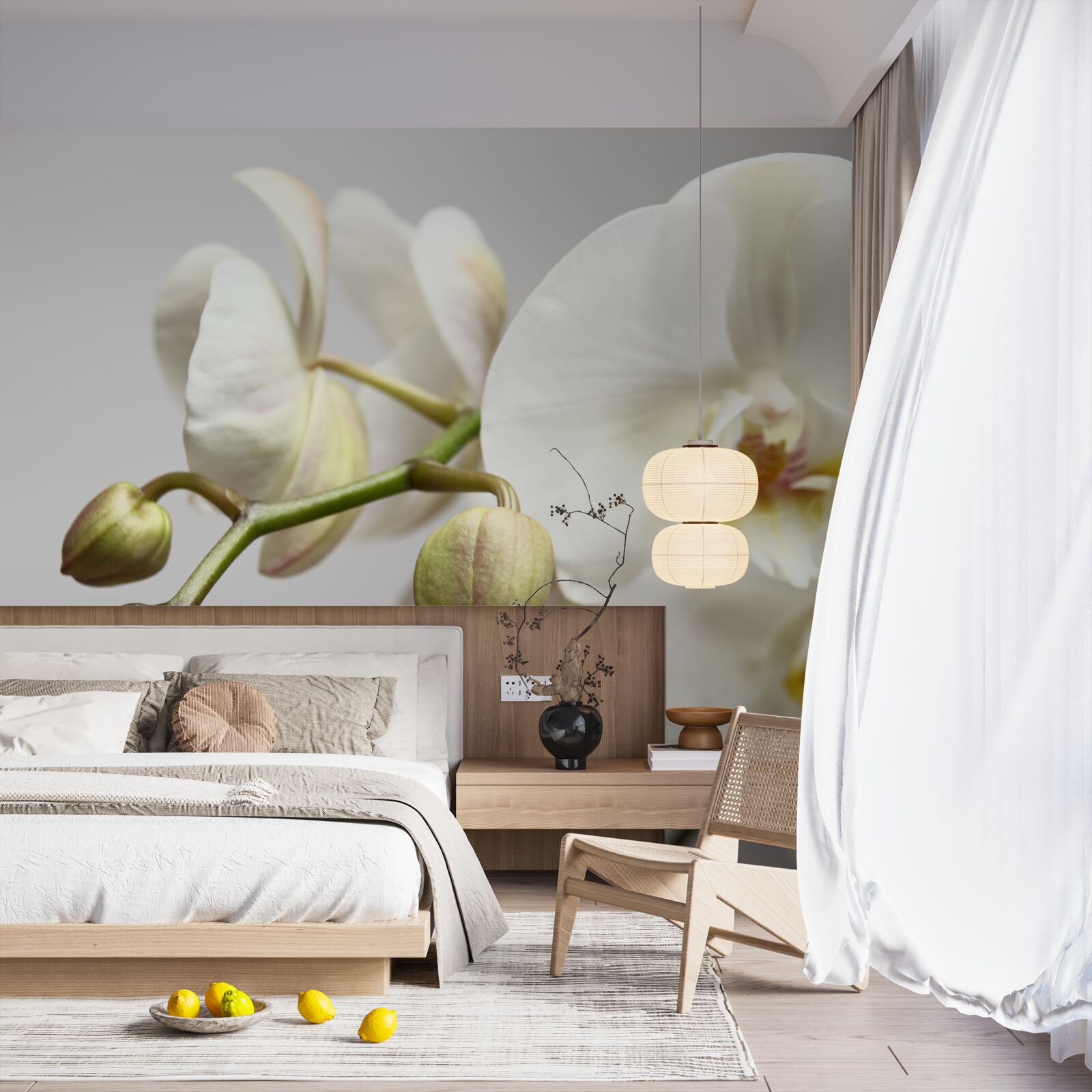 Fotobehang witte orchideeëntak met bloeiende bloemen en onontwikkelde knoppen