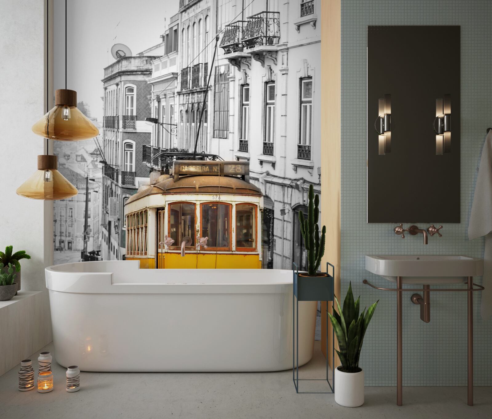 Fotobehang Gele tram in de heuvels van san francisco