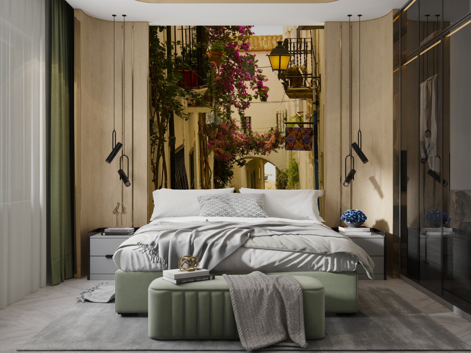 Fotobehang oude straat omringd door bloemen en zonlicht