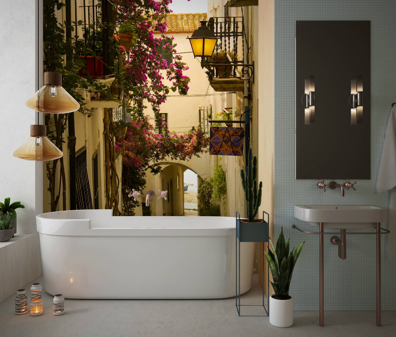 Fotobehang oude straat omringd door bloemen en zonlicht