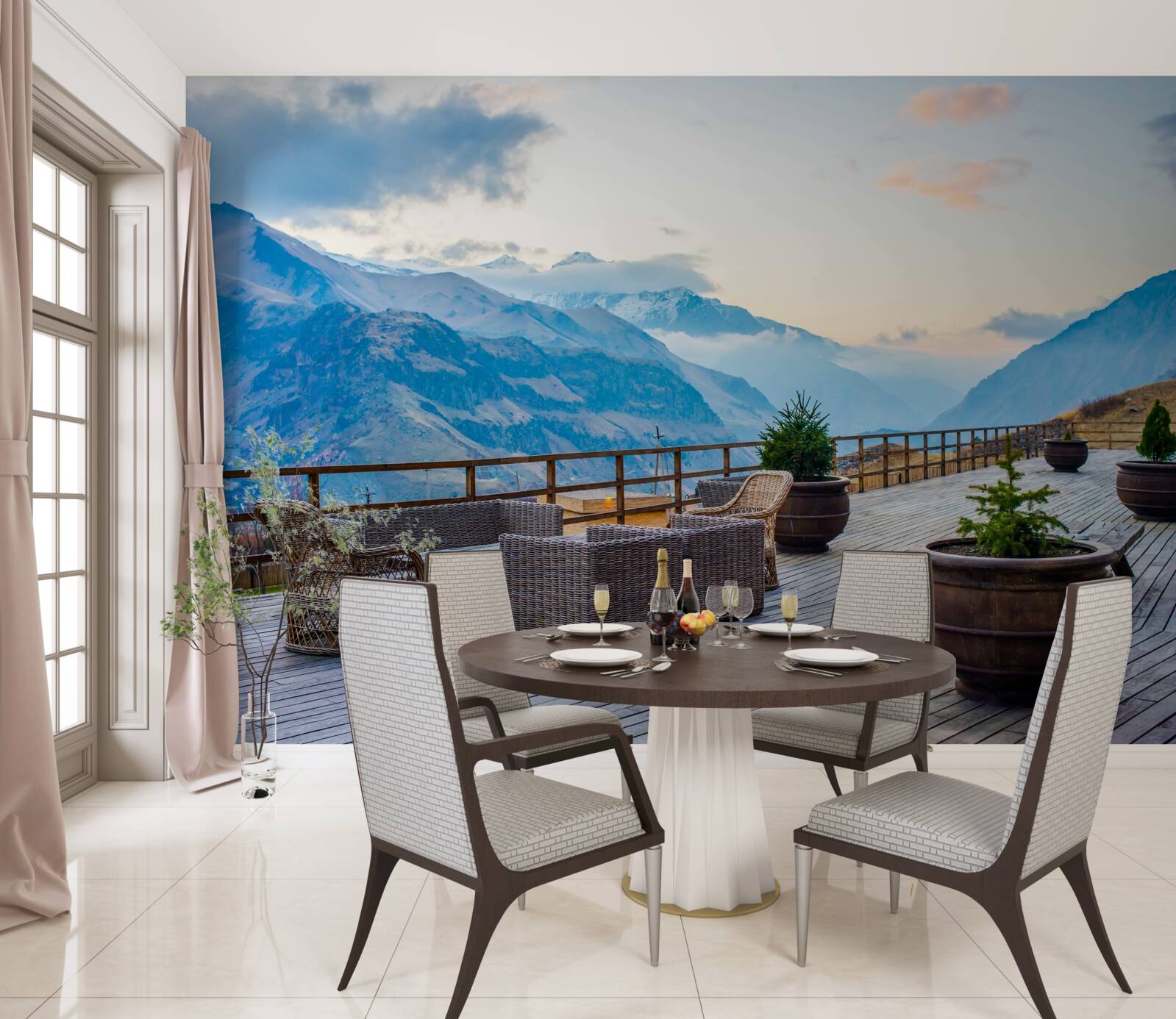 Fotobehang ruim terras met uitzicht op de bergen