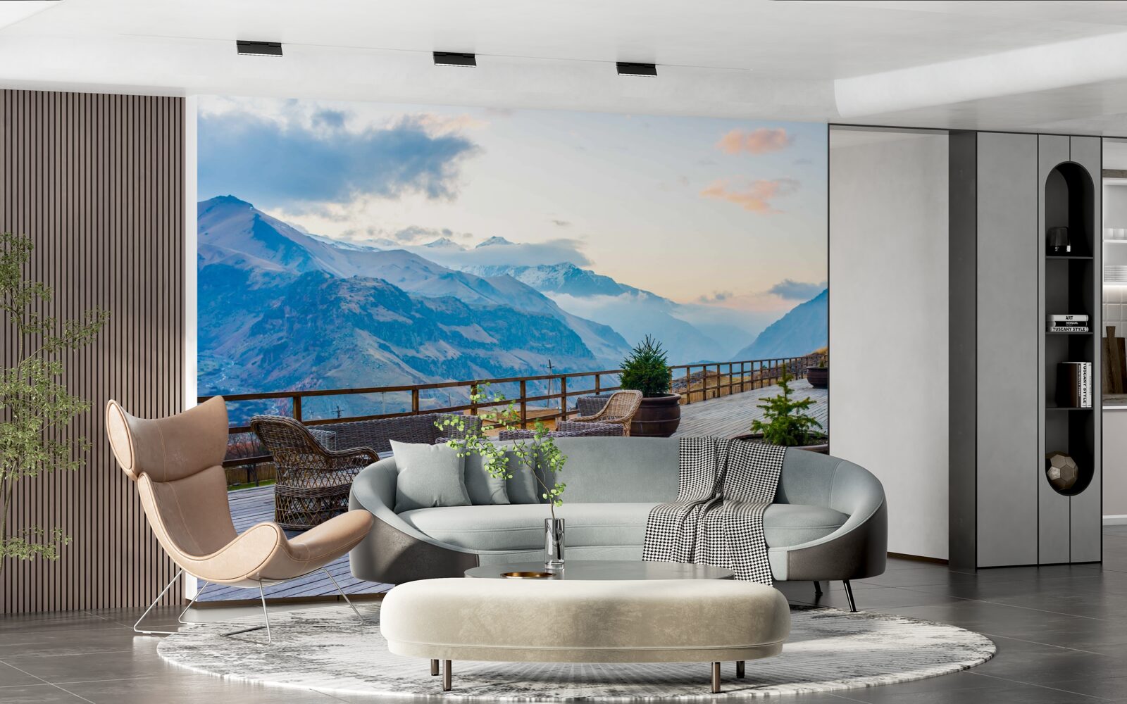 Fotobehang ruim terras met uitzicht op de bergen