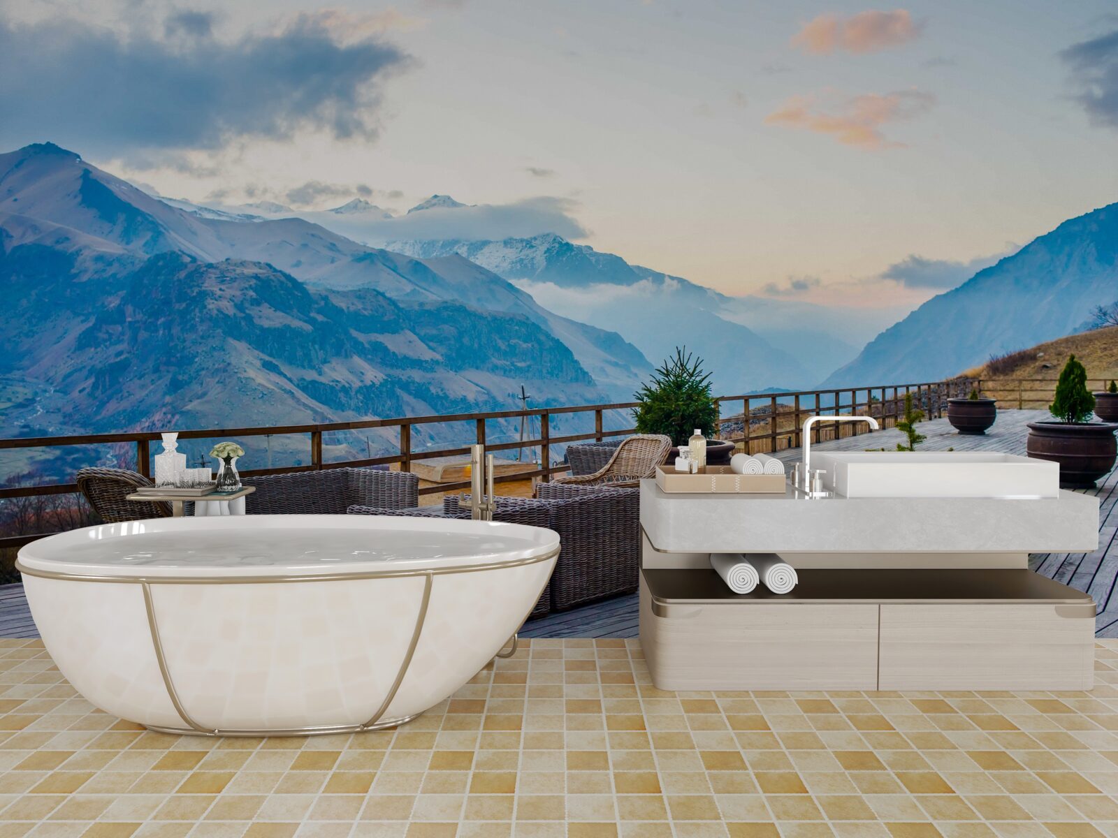 Fotobehang ruim terras met uitzicht op de bergen