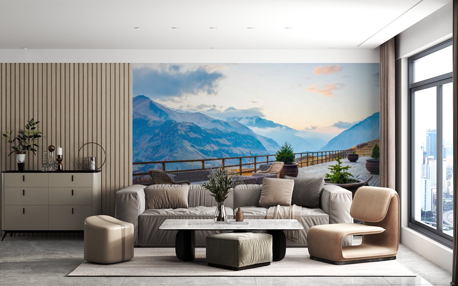 Fotobehang ruim terras met uitzicht op de bergen