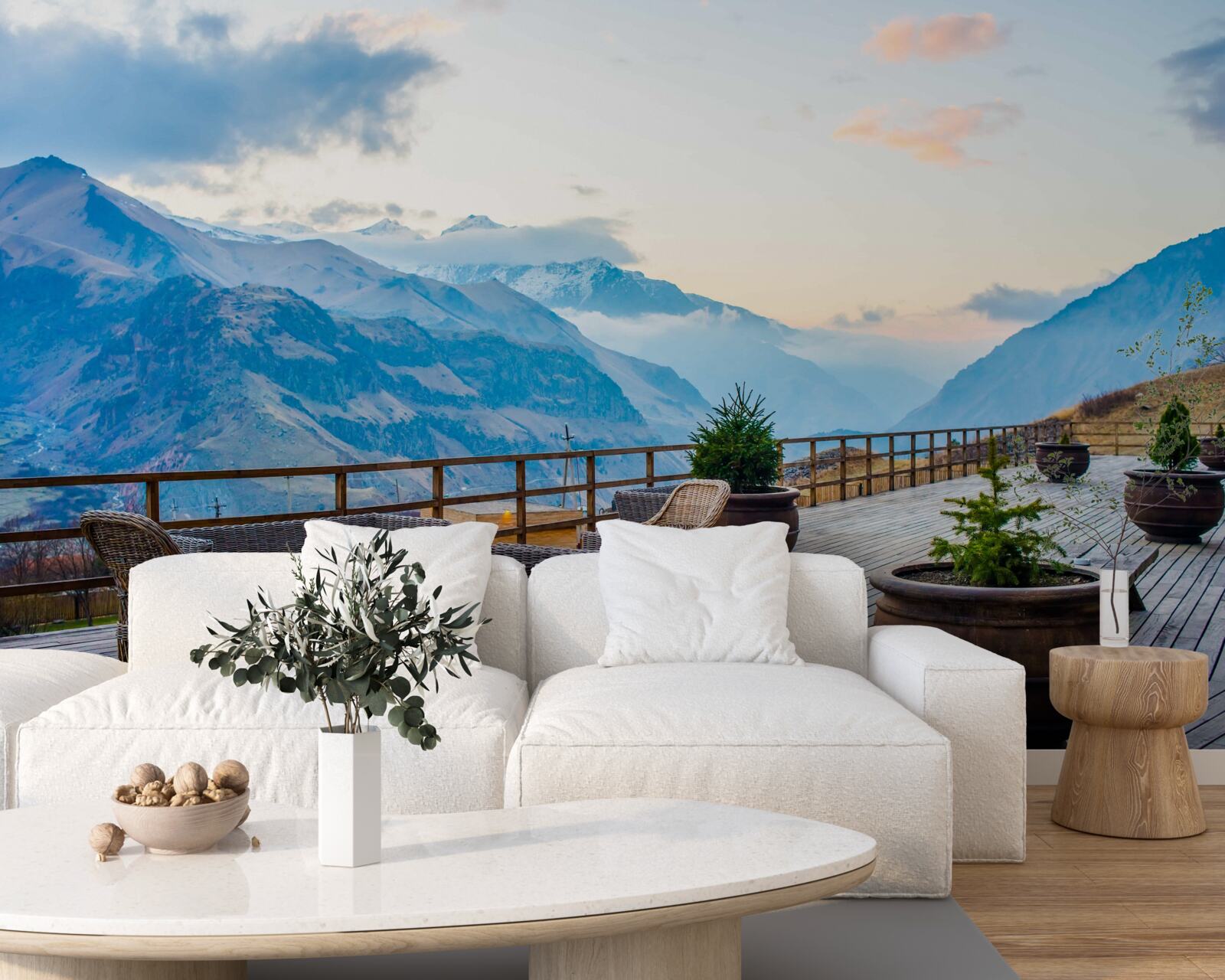 Fotobehang ruim terras met uitzicht op de bergen