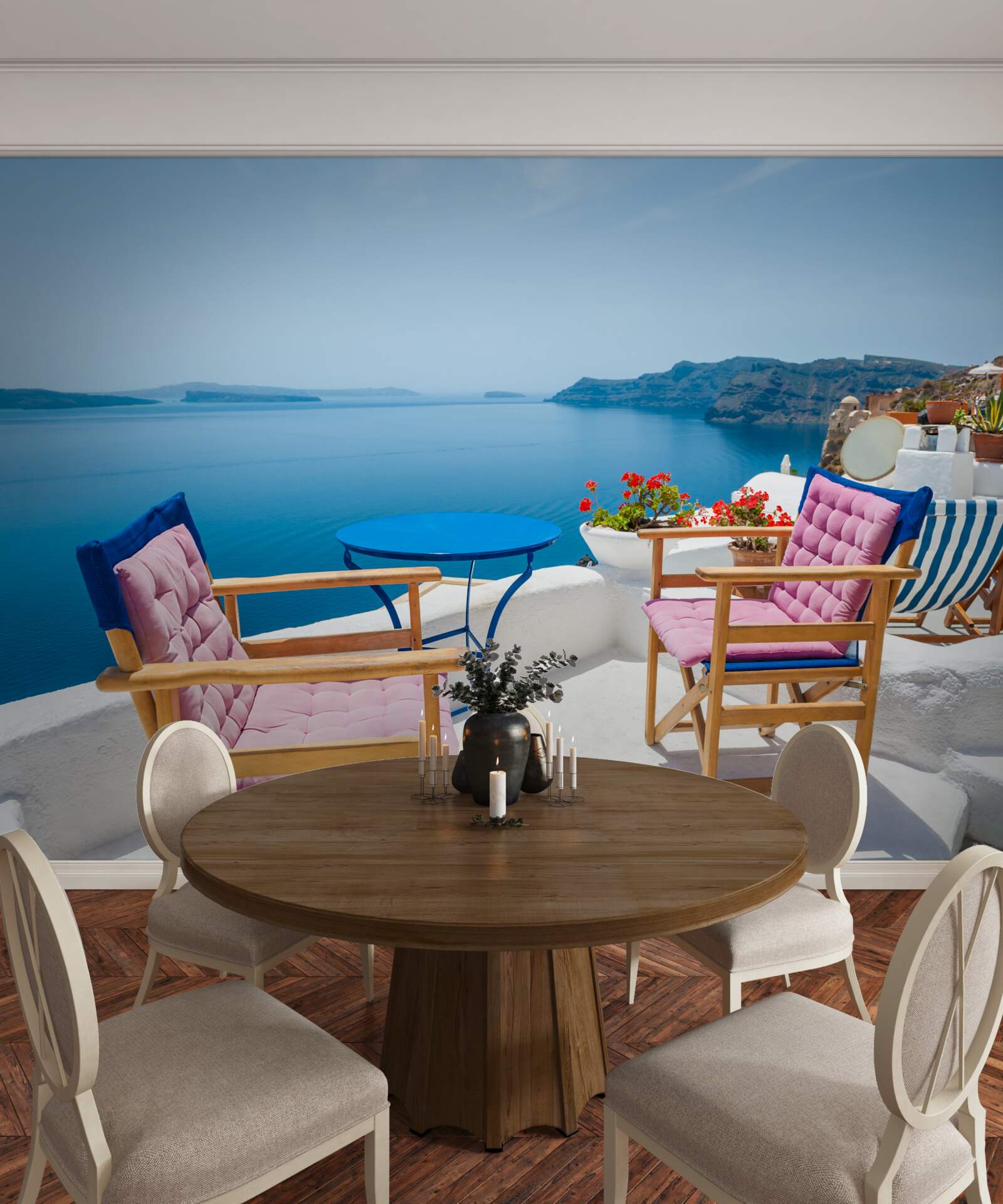 Fotobehang café op het dak aan de kust in griekenland