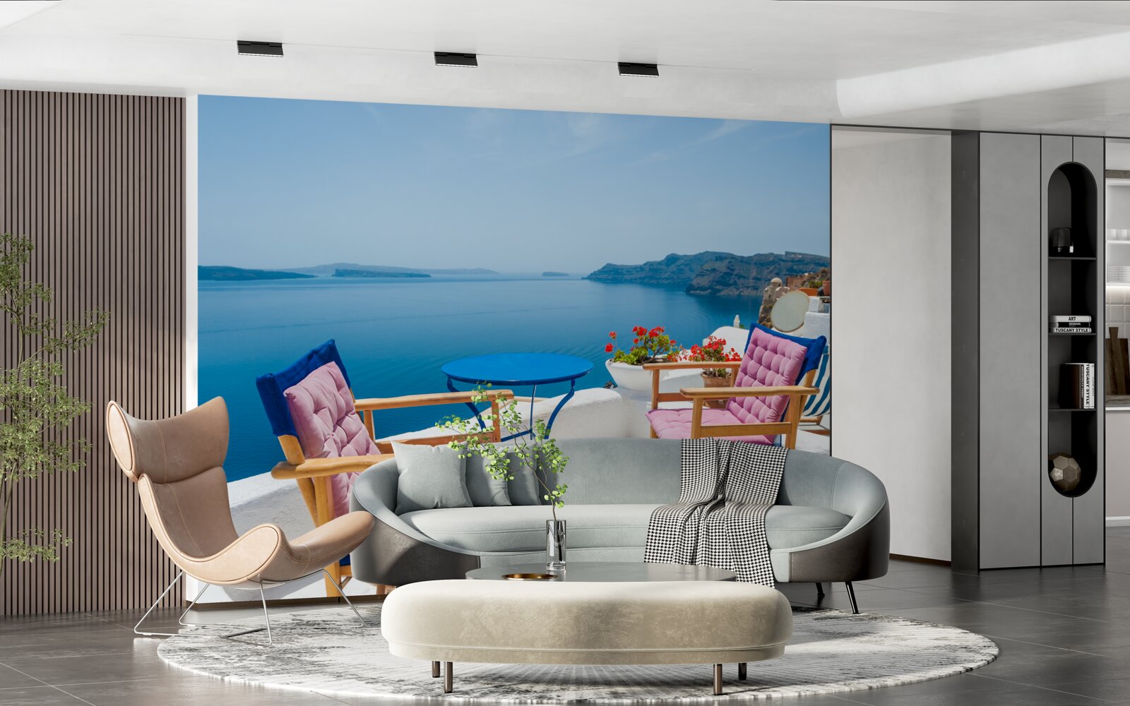 Fotobehang café op het dak aan de kust in griekenland