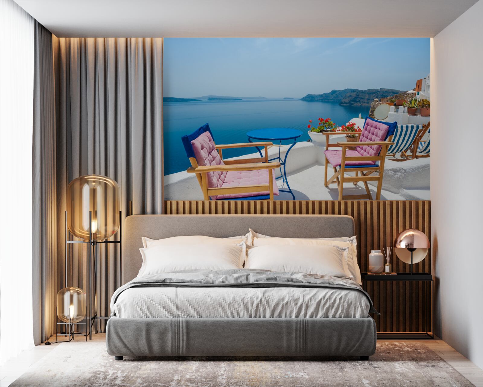 Fotobehang café op het dak aan de kust in griekenland