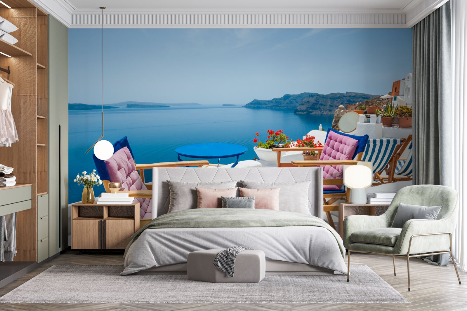 Fotobehang café op het dak aan de kust in griekenland