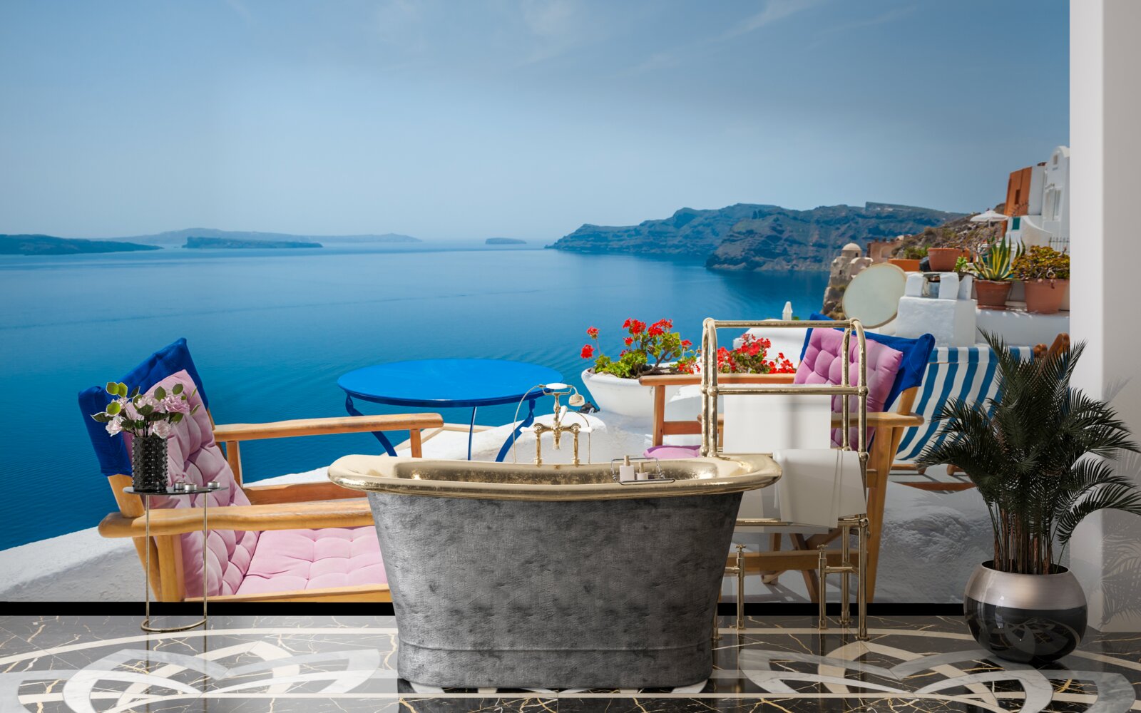 Fotobehang café op het dak aan de kust in griekenland