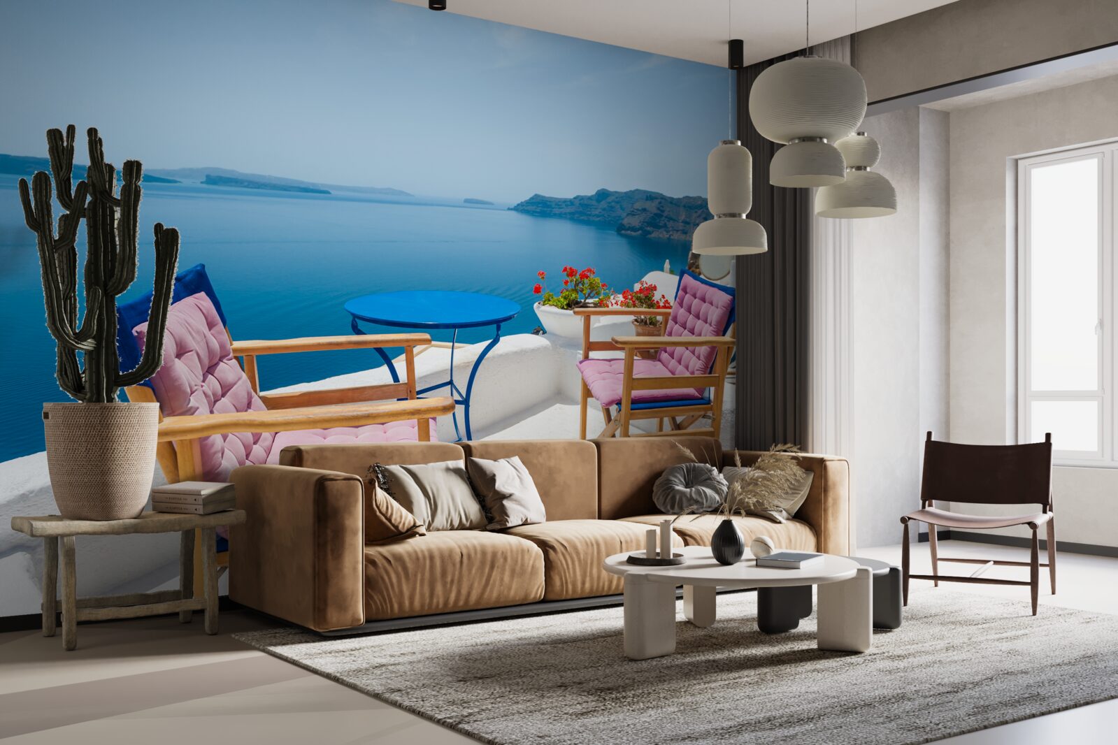 Fotobehang café op het dak aan de kust in griekenland