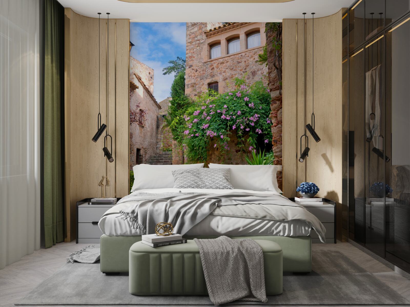 Fotobehang oude geplaveide straat omgeven door groen en bloemen