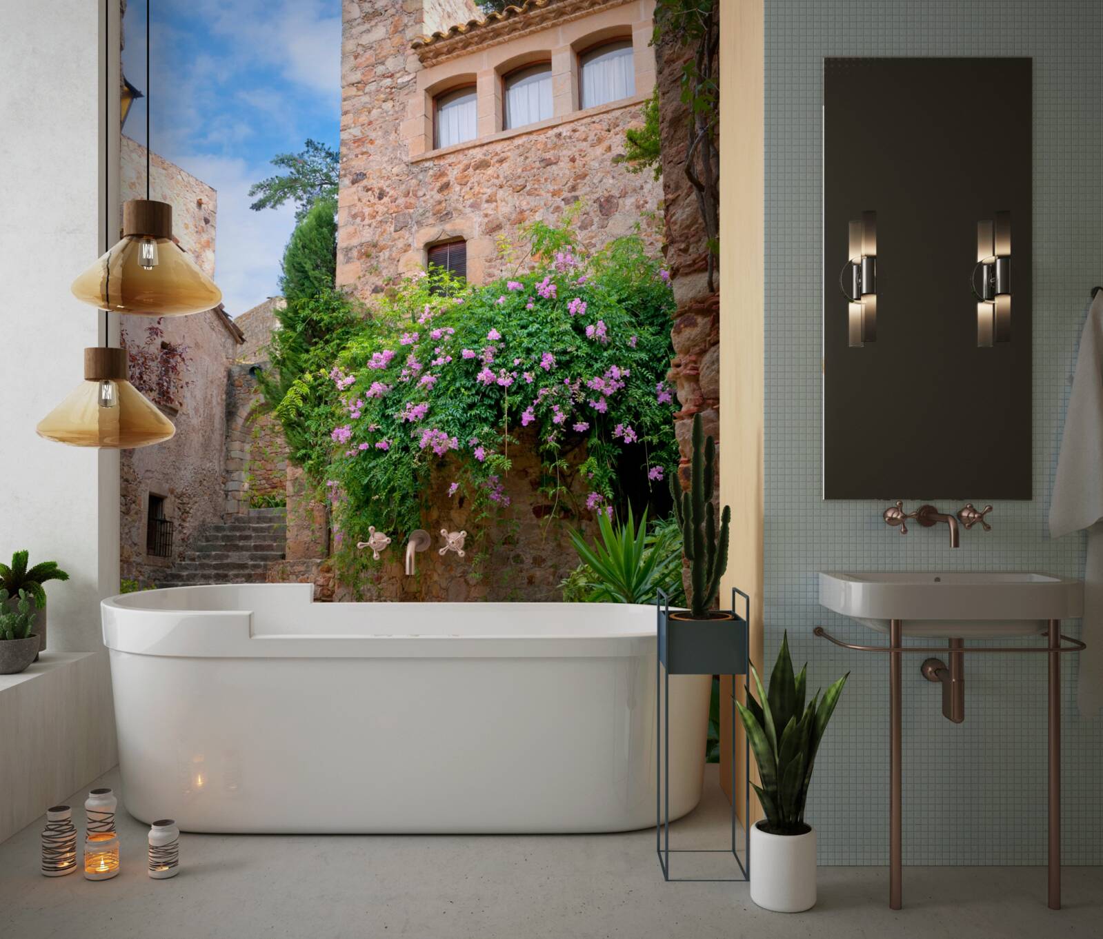 Fotobehang oude geplaveide straat omgeven door groen en bloemen