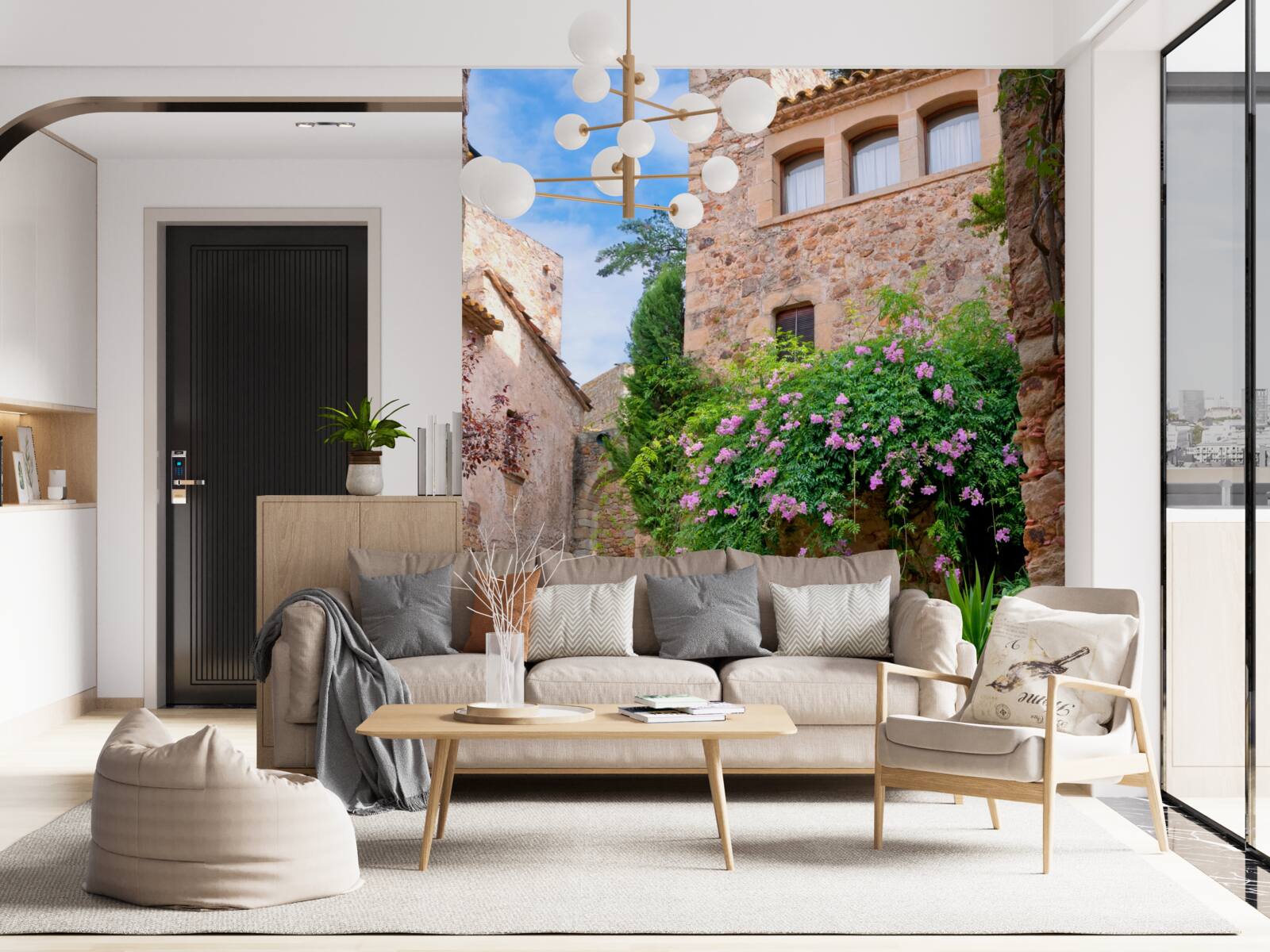 Fotobehang oude geplaveide straat omgeven door groen en bloemen