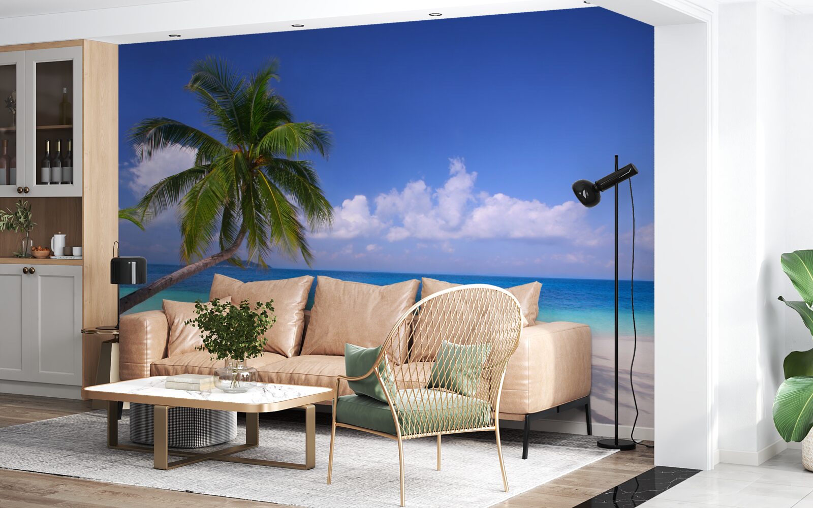 Fotobehang palmboom aan een idyllische kust