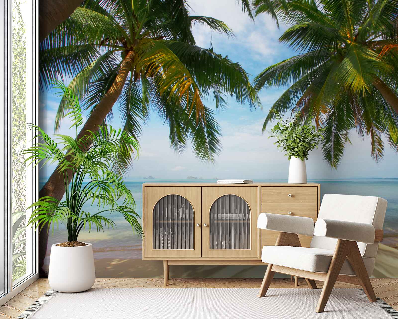 Fotobehang palmbomen op een zandstrand