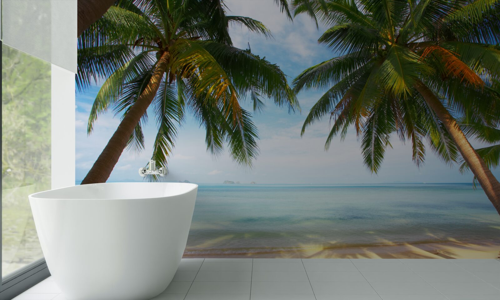 Fotobehang palmbomen op een zandstrand